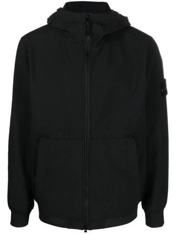 Black logo-patch hooded zip-up jacket