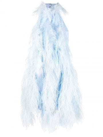 Feather-trim light blue halterneck mini Dress