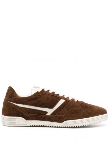 Brown and white two-tone suede sneakers