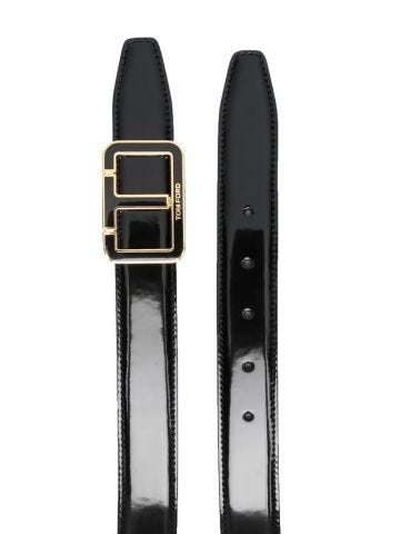 Cintura nera in finitura lucida con fibbia logo