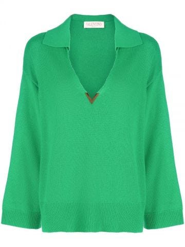 Green VGold detail cashmere jumper