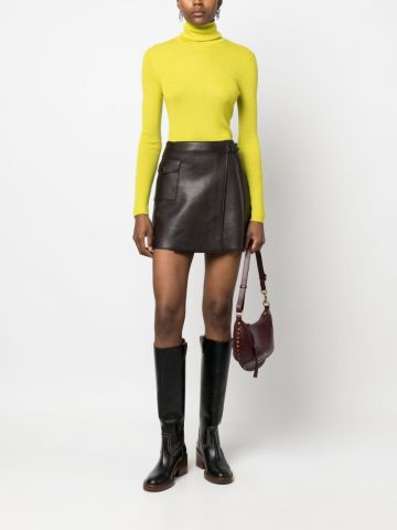 Brown leather wrap mini skirt