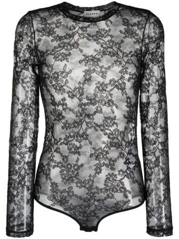 Semi-sheer floral-lace bodysuit