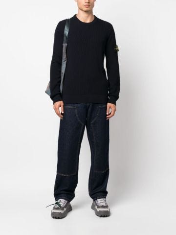 Blue Compass-motif ribbed-knit jumper