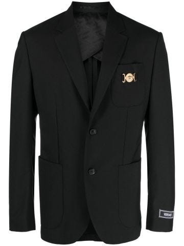 Black single-breasted blazer with logo plaque