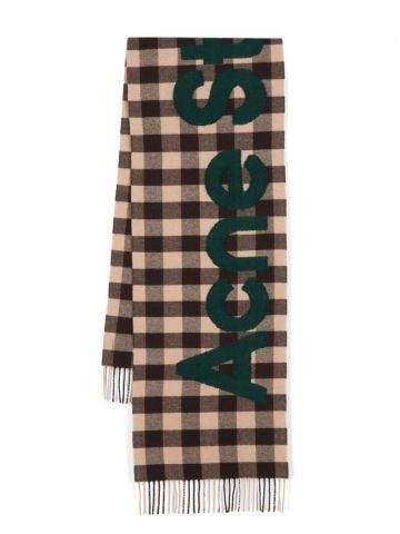 Logo-patch checked wool scarf