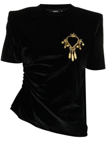 Bead-embellished velvet T-shirt