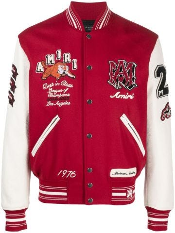 Red varsity bomber jacket with applique