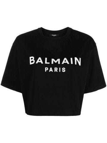 Black crop T-shirt with print