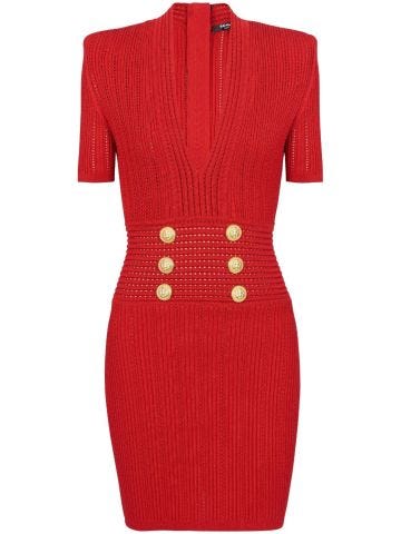Red short knit dress with V-neckline