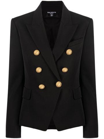 Black double-breasted blazer with gold buttons