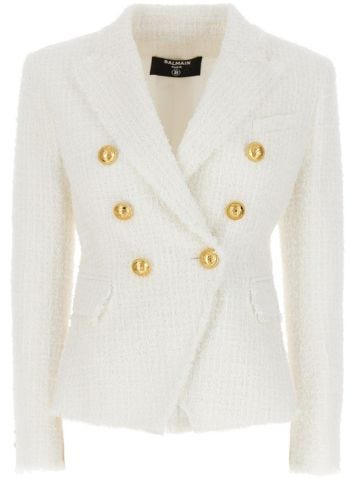 White tweed double-breasted blazer with logo buttons