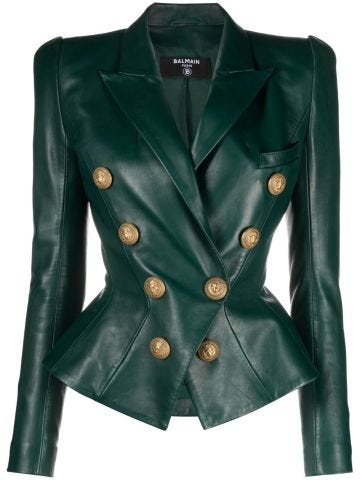 Green leather double-breasted blazer