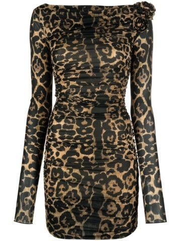 Rose-appliqué leopard-print dress