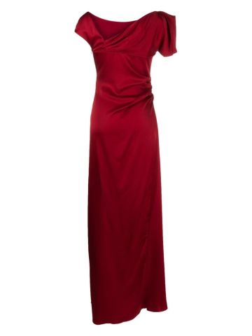 Red asymmetrical draped evening dress