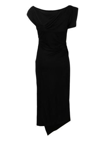 Black asymmetrical midi dress with ruffles
