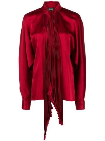 Pleated pussy-bow satin blouse