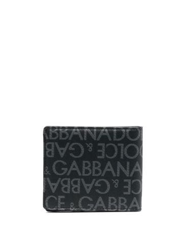Portafoglio grigio bi-fold con logo jacquard