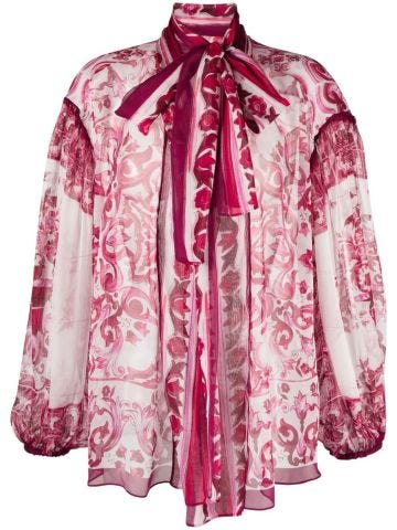 Pink bow and majolica print blouse