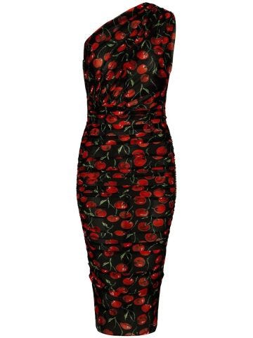 One-shoulder midi dress with cherry print