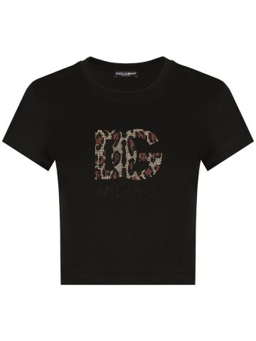 Black crop T-shirt with appliqué