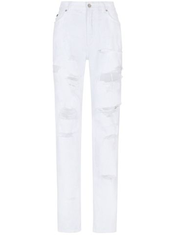 Straight white jeans with a worn effect