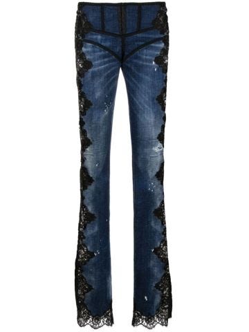 Blue skinny jeans with lace appliqué