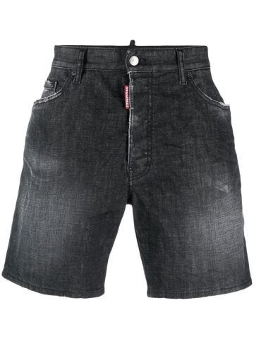 Black denim bermuda shorts with worn effect