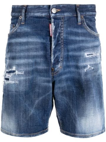 Shorts blu stonewashed con dettaglio strappato