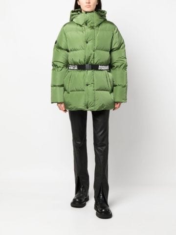 Green down jacket with hood and drawstring