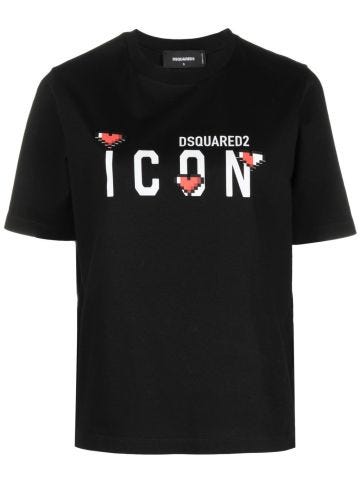 Icon black T-shirt with hearts and logo print