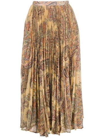 Paisley-print pleated silk midi skirt
