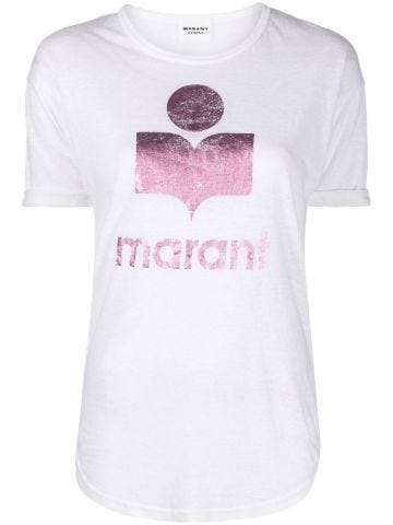 White T-shirt with metallic pink logo print