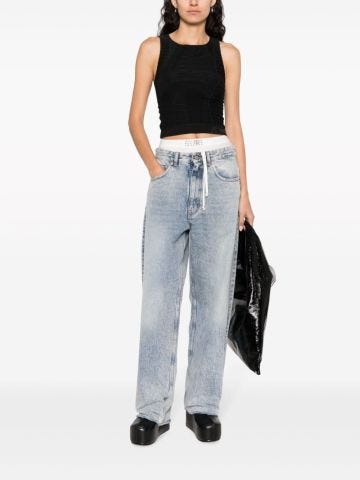 Blue straight-leg jeans with elastic band