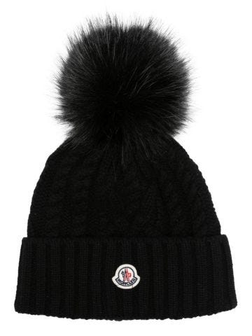 Logo-patch cable-knit beanie