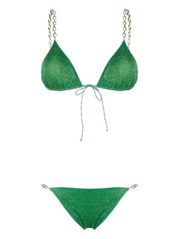 Set bikini verde in lurex con dettaglio a catena