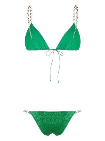 Set bikini verde in lurex con dettaglio a catena