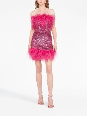 Fuchsia strapless dress with sequins and feathers