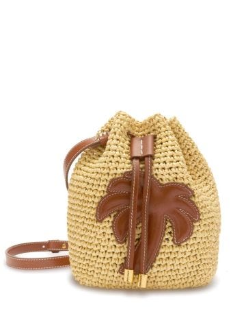 Beige raffia bucket bag with woven design