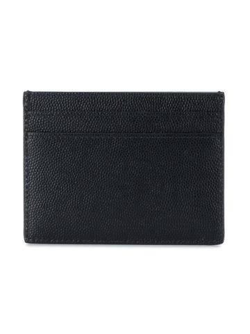 Black grained leather card case with logo print