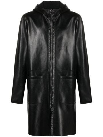 Hooded leather zip-up coat