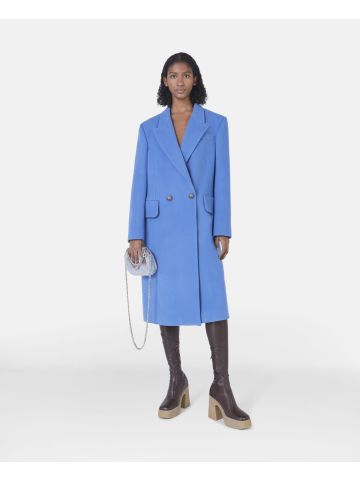 Blue long double-breasted coat in wool