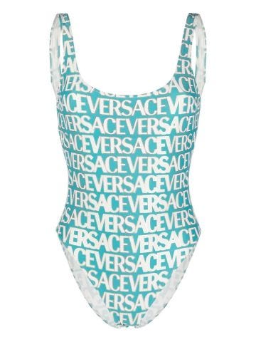 Turquoise one-piece swimming costume with logo print