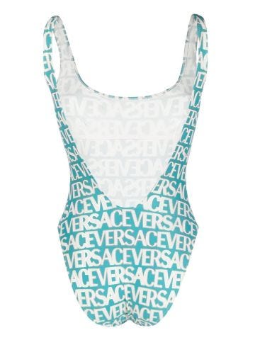 Turquoise one-piece swimming costume with logo print