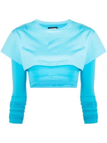 Le Double cropped layered light blue T-shirt