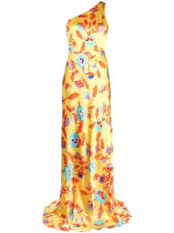Floral print yellow one-shoulder Gown