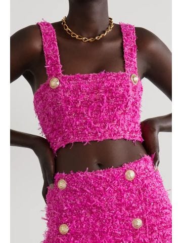 Top rosa in tweed di Balmain x Barbie