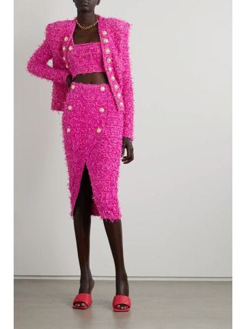 Blazer in tweed rosa di Balmain x Barbie