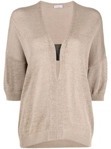 Beige  3/4 sleeves V-neck Sweater
