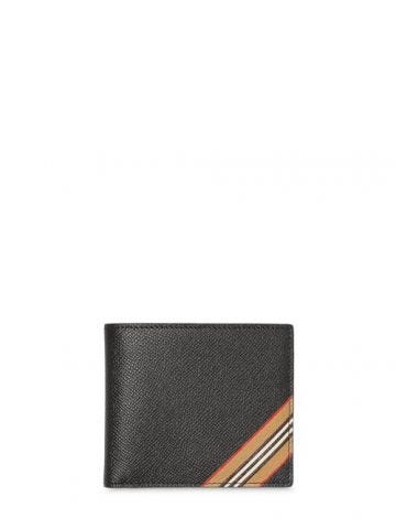 Black Icon Stripe Print Leather International Bifold Wallet